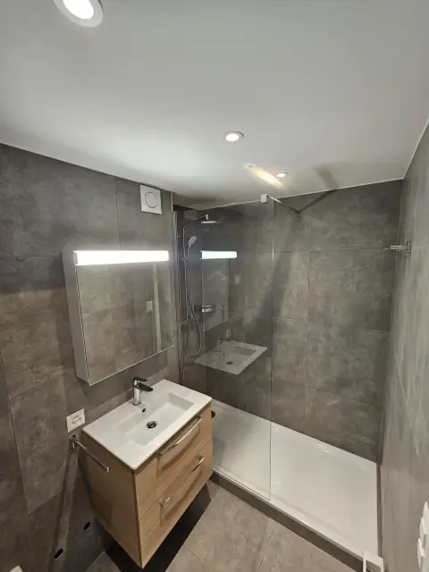 Douche carrelage gris avec miroir lumineux et vasque en bois