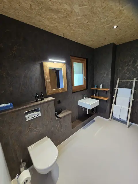 WC et lavabo suspendu, échelle à serviettes en bois
